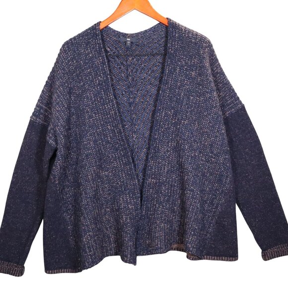 VTG Gap Open Front Lambs Wool Cardigan Sweater Navy & Brown Women's L - Picture 2 of 13